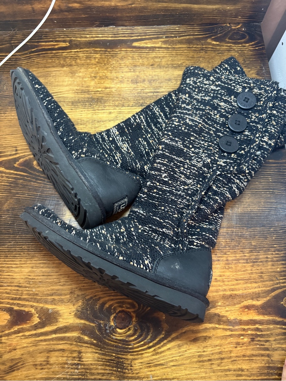 UGG Black And Silver Shimmer Tall Cardy Knit Boots Size 6